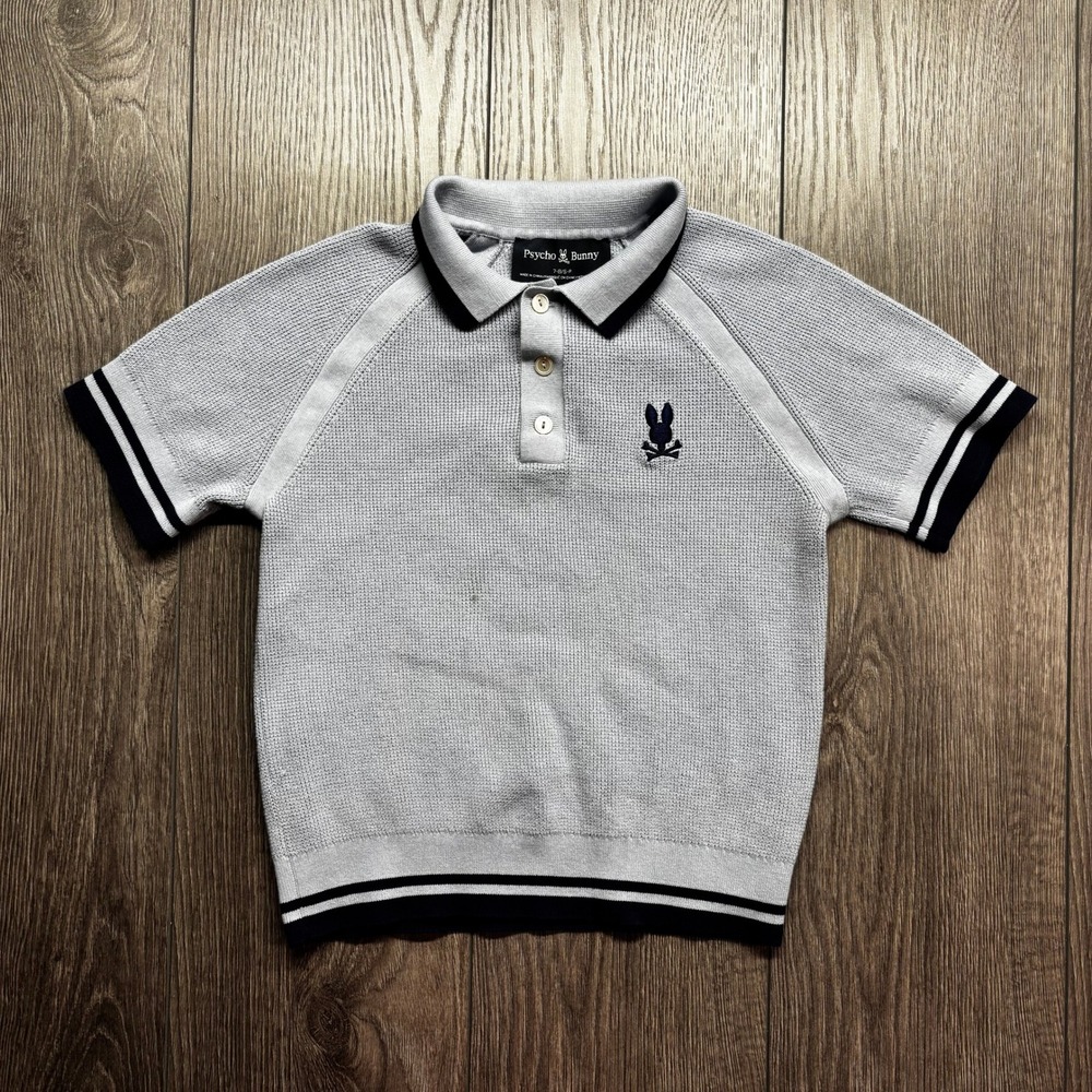 Psycho Bunny Boys Grey Waffle Knit Polo Shirt Navy Trim Size 7-8 S/P